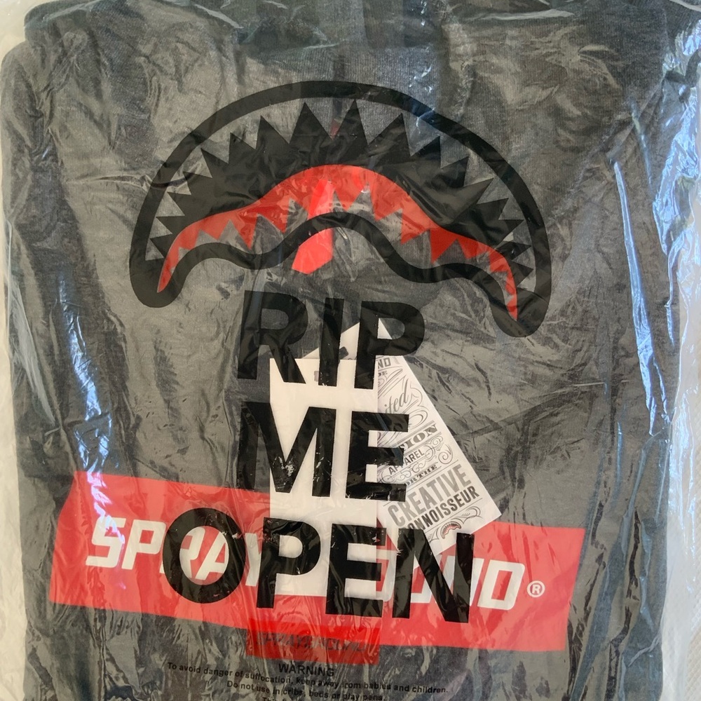 Sprayground Gray Hoodie with Shark and Red Accents